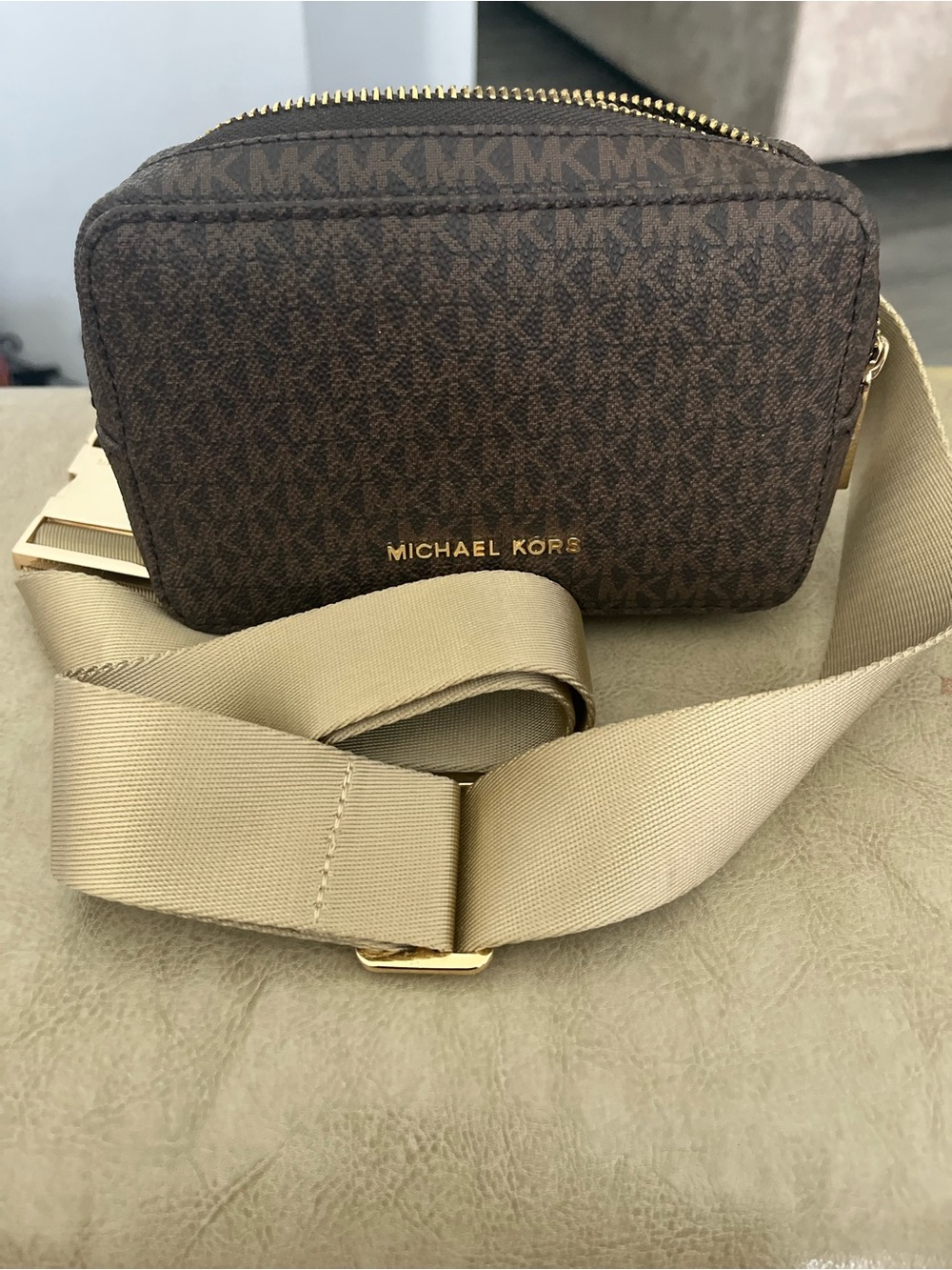 Michael Kors Dark Brown Logo Belt Bag with Gold Hardware
